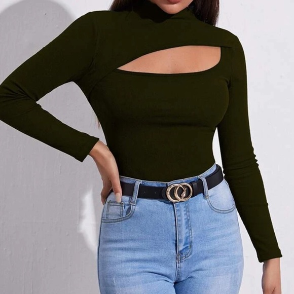 Tops - Twist front mock neck tee olive green